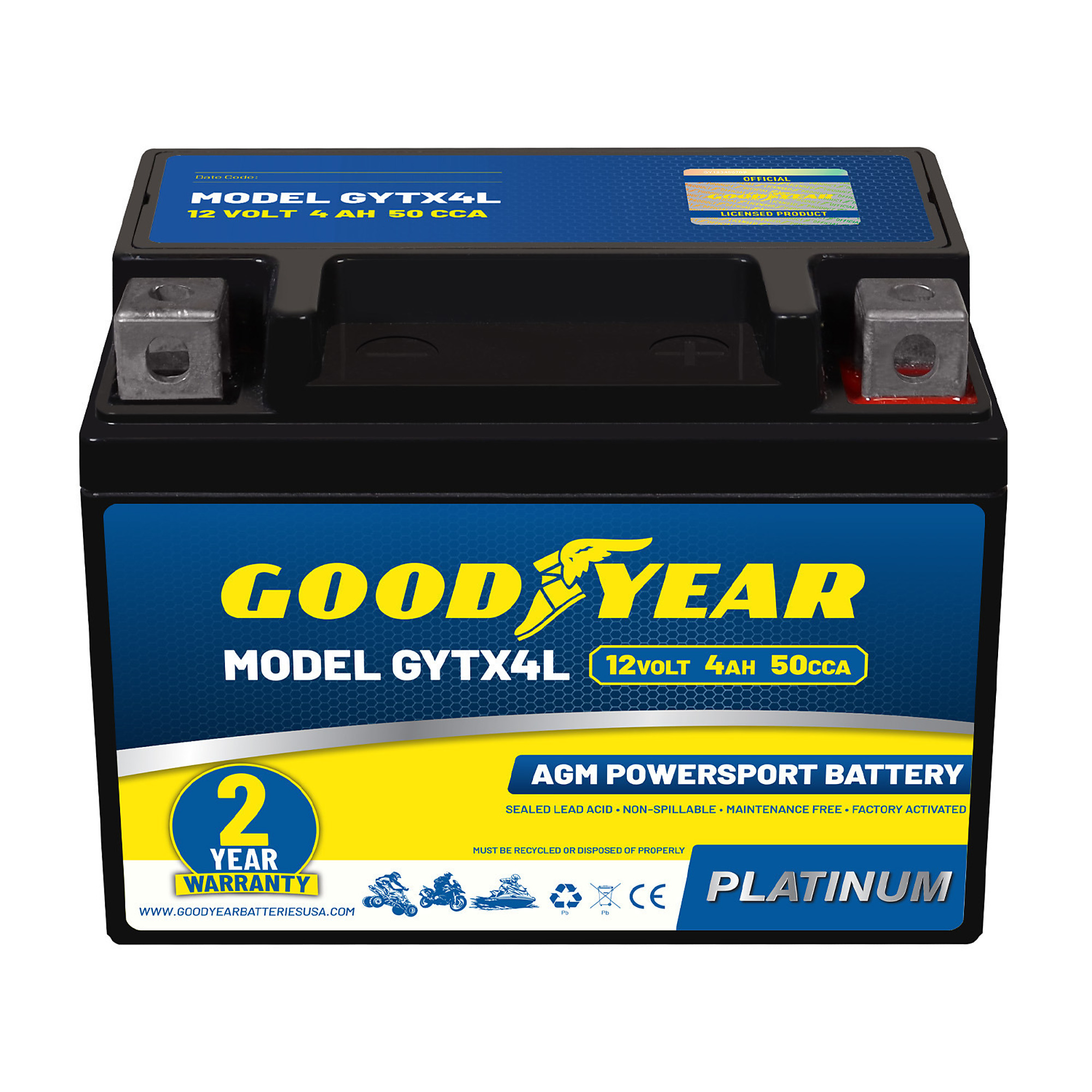Goodyear SLA-AGM Battery — 12V, 4Ah, 50 CCA, Maintenance-Free, Rechargeable, Model# GY4140755